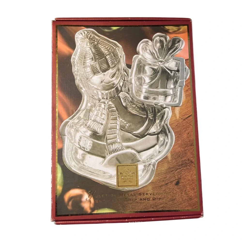Lenox Yuletide Metal Serveware‎ Snowman Chip and Dip Tray Silver 6212238 Holiday